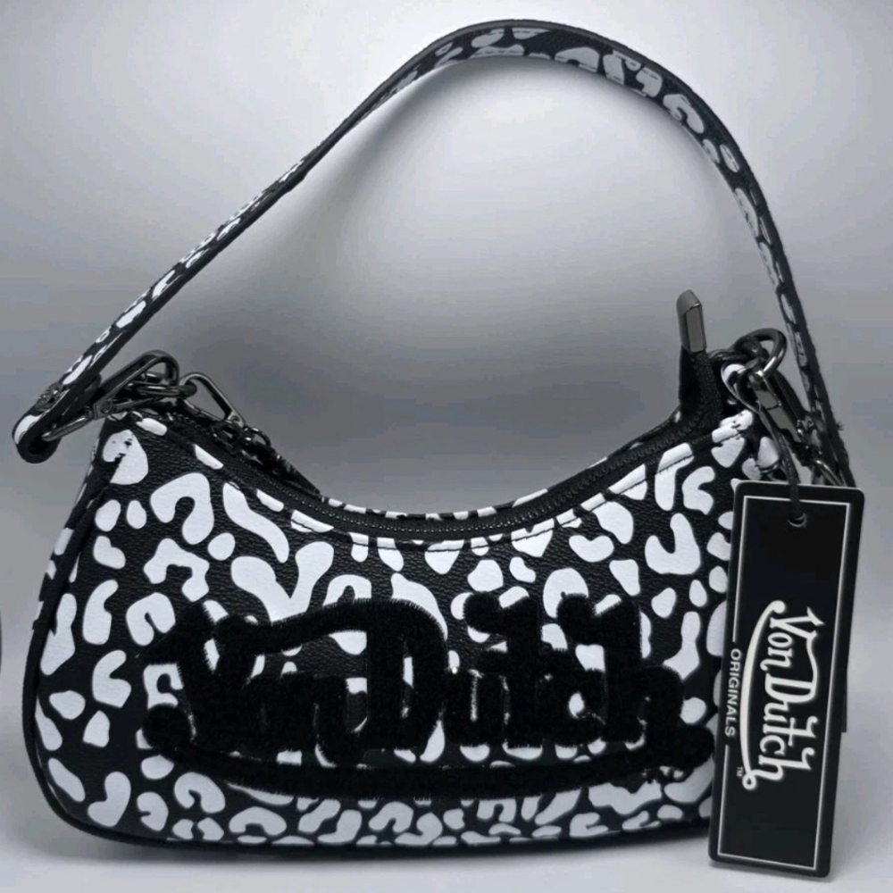 NWT Von Dutch Black & White Cheetah  Shoulder Bag Puff Logo Chain Wrench Charm